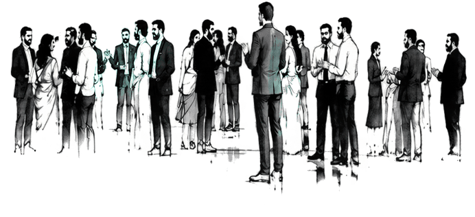 Sketch of conclave contributors in conversation