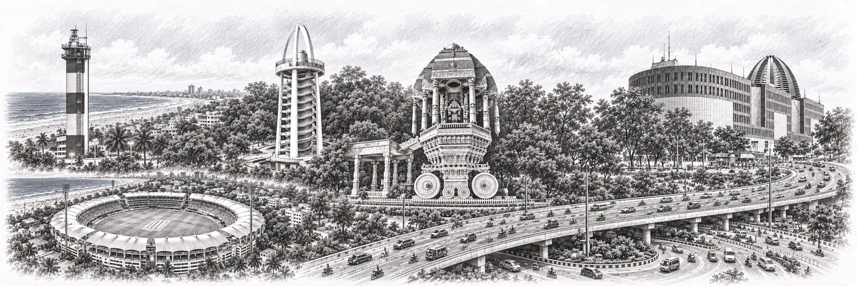 Pencil sketch of Chennai landmarks
